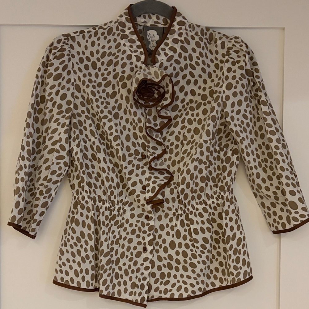 Anthropologie Polka Dot Ruffle-Front Blouse in White and Brown